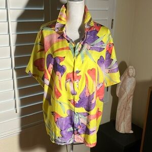 🦜💛Men's Bright Yellow Parrot Print Shirt Size XL